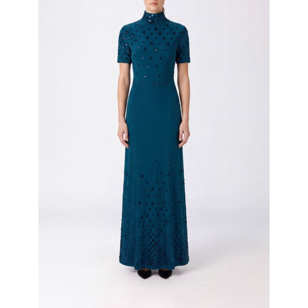 Rabanne Women Rabanne High-Neck Long Satin Evening Gown With Sequins